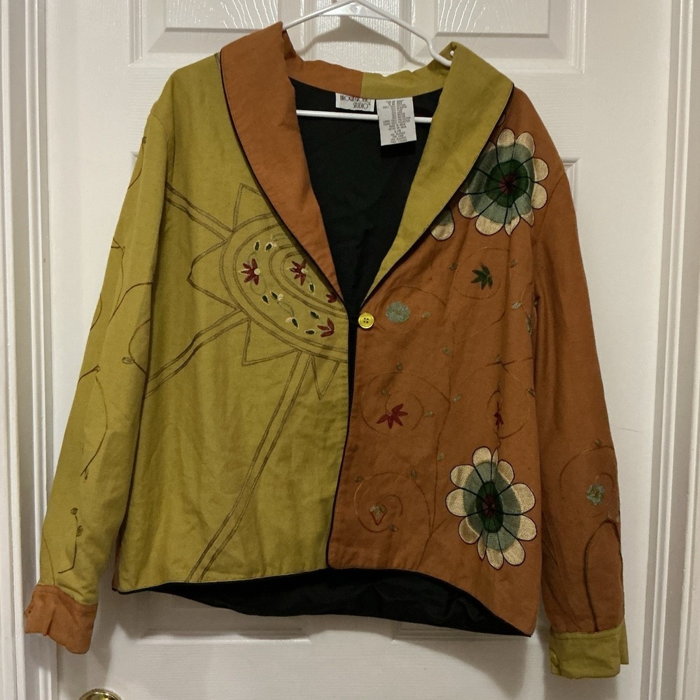 Brownstone Studio Women Linen Blend Embroidered Jacket Boho Artsy Eclectic Gold